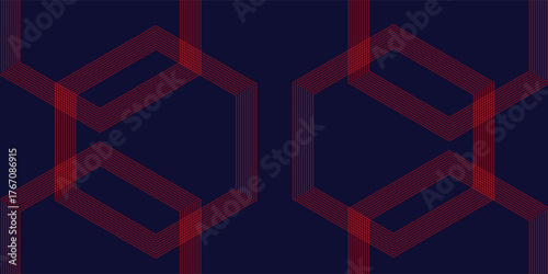 Modern abstract background featuring multiple red hexagon outlines overlapping on a dark blue background. Perfect for technology, futuristic design