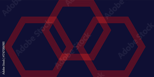 Modern abstract background featuring multiple red hexagon outlines overlapping on a dark blue background. Perfect for technology, futuristic design