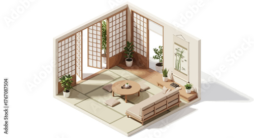 Isometric illustration of a japanese traditional living room interior scene