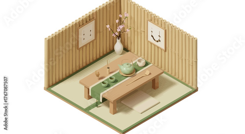 A serene japanese tea ceremony setting with bamboo walls and floral decor