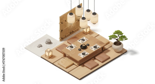 Aesthetic isometric zen garden dining scene illustration for relaxation