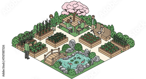 Community garden isometric illustration with socializing people and nature
