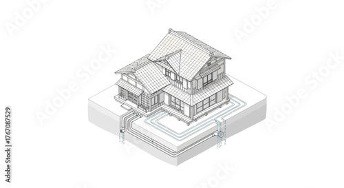 Conceptual depiction of an earth-coupled heat pump system within a house