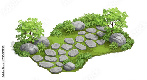 Charming cartoon stepping stone path with lush greenery and boulders
