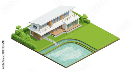 Contemporary house with nature landscape, 3d isometric rendering, estate