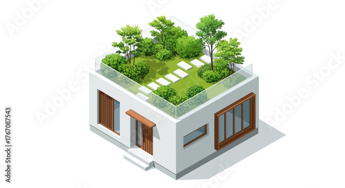 Contemporary isometric house with rooftop garden and minimalist design