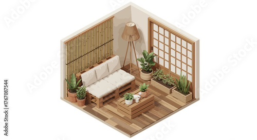 Cozy isometric interior design with natural materials and plant accents