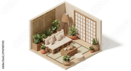 Cozy isometric interior with rustic wooden furniture and lush greenery
