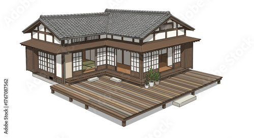 Detailed architectural rendering of traditional japanese style house exterior