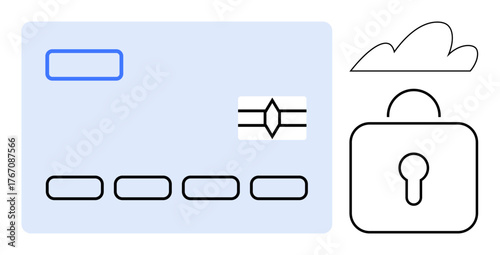 Credit card, padlock, and cloud promote online transaction security, digital banking trust, and data privacy. Ideal for fintech, cybersecurity, e-commerce, virtual wallets payment tech cloud