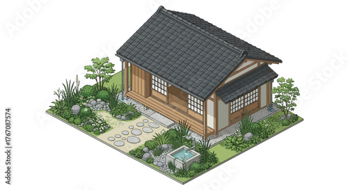 Detailed isometric illustration of a small Japanese style house and garden
