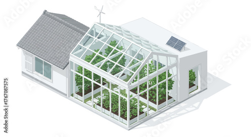 Eco-Friendly House with Greenhouse, Solar Panel and Wind Turbine Concept