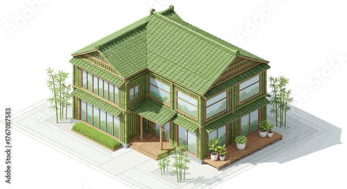 Elegant isometric bamboo house design with traditional roof detailing