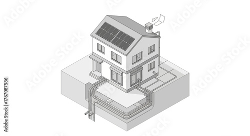 Geothermal and Solar Energy System Illustration for Eco Friendly House