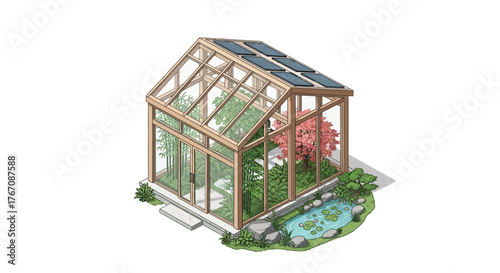 Illustration of a modern greenhouse filled with various plants and flowers