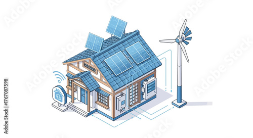 Illustration of a modern house equipped with renewable energy sources