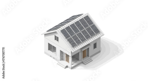 Isometric house model with solar panels promoting eco friendly future