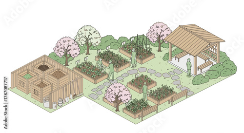 Isometric garden scene illustration with composting area and vegetables