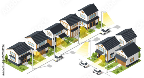 Isometric illustration depicting a serene suburban neighborhood in Japan