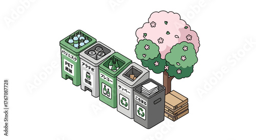 Isometric illustration depicting recyclable materials and a tree symbolizing ecology