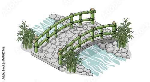 Isometric Illustration of a Bamboo Bridge over Water in a Garden Setting