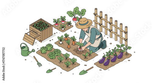 Isometric illustration of a gardener tending to a vegetable patch with diverse crops