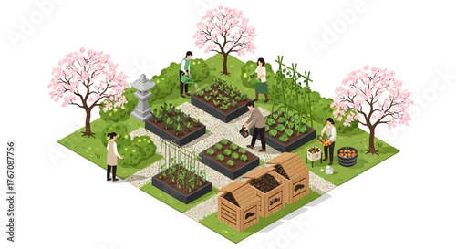 Isometric illustration of a community garden with flowering trees and people working