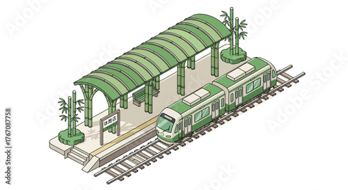 Isometric Illustration of a Green Train at a Bamboo-Themed Station