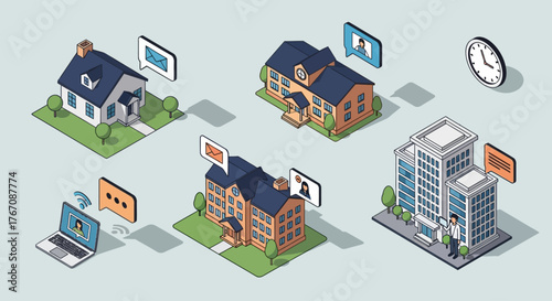 Remote Work Distance Learning Isometric Vector - Flexible Schedule Digital Connectivity