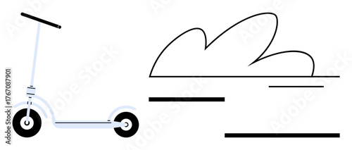 Electric scooter paired with abstract cloud and motion lines emphasizing speed, eco travel, innovation, and mobility. Ideal for transportation, sustainability, urban planning, and eco-conscious