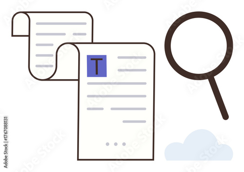 Text documents and a magnifying glass for reviewing, researching, or analyzing content. Ideal for learning, editing, proofreading, research, investigation writing content review. Simple flat