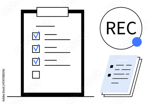 Clipboard with marked checklist, recording icon, and documents emphasizing productivity, organization, and completion. Ideal for task management, business, planning, teamwork productivity auditing