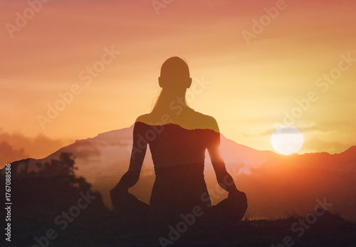 Mental health, well-being, Woman in yoga pose, zen, calming, quiet meditation at sunset. Healthy living concept	
