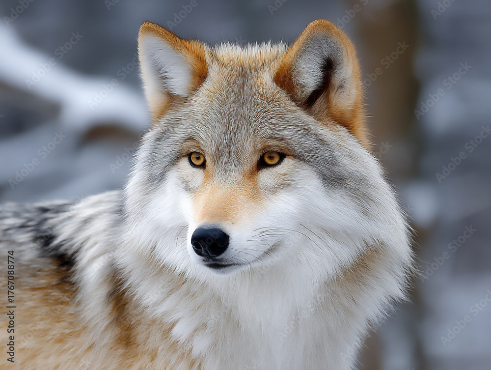 Fototapeta premium captivating close-up of a wild wolf's face with intelligent eyes and a textured coat