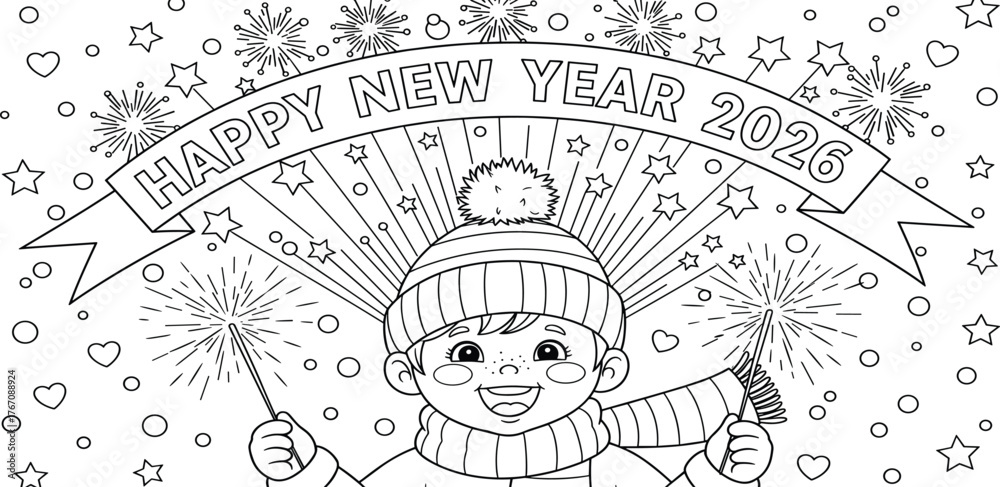 Obraz premium Cute child in winter clothes celebrating the new year 2026 with sparklers and fireworks, a festive coloring book page for kids