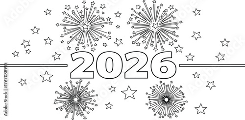 Festive New Year 2026 celebration background with exploding fireworks and stars, a black and white line art coloring page
