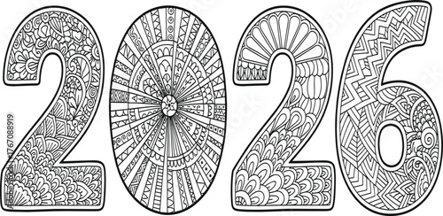 Intricate Black and White Illustration of the Year 2026 A Detailed Artistic Design