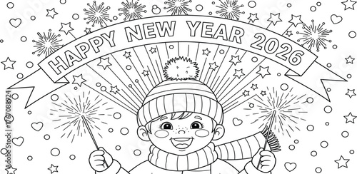 Cute child in winter clothes celebrating the new year 2026 with sparklers and fireworks, a festive coloring book page for kids