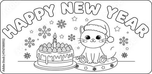 Festive New Year Coloring Page with Cat and Cake Illustration