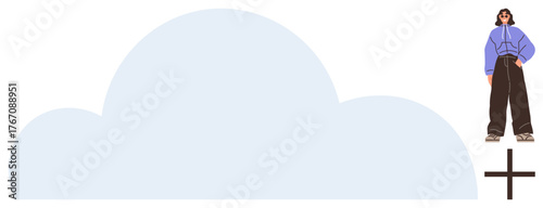 Cloud with woman standing confidently near a plus sign, symbolizing connection, growth, and opportunity. Ideal for innovation, teamwork, networking, cloud storage, self-growth creativity simple