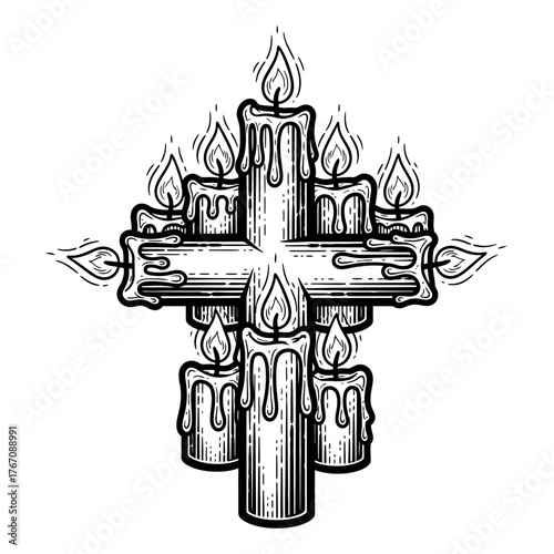 A symbolic cross of burning candles for All Saints' Day, representing faith and Remembrance on church Altars and a personal altar