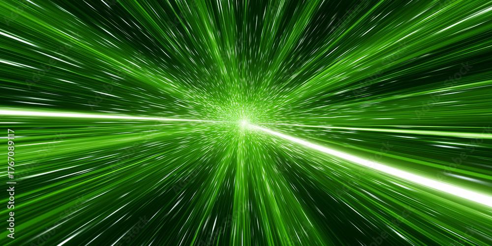 Fototapeta premium Intense green energy explosion with blurred motion lines and glowing speed trails in a sci-fi space 