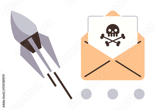 Rocket launching near an envelope containing a malware message with skull and crossbones. Ideal for cybersecurity, hacking, digital threats, malware, phishing, online safety, warning. Simple flat