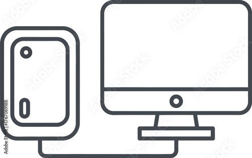 Simple line art icon of a smartphone connected to a desktop computer monitor