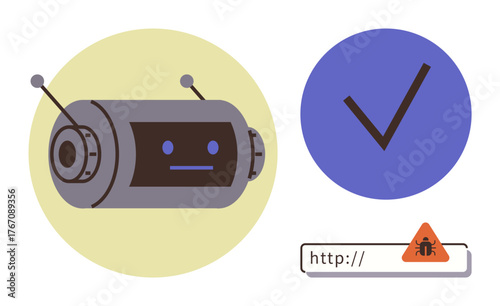 Robot head scanning URLs, blue checkmark for security, malware alert icon. Ideal for cybersecurity, technology, online safety, data protection, antivirus software, AI tools simple flat metaphor