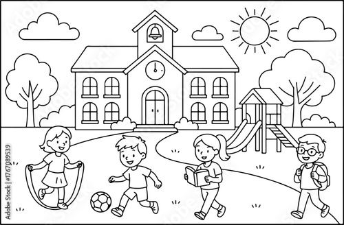 hand drawn vector doodle illustration of School Yard coloring page for kids line art