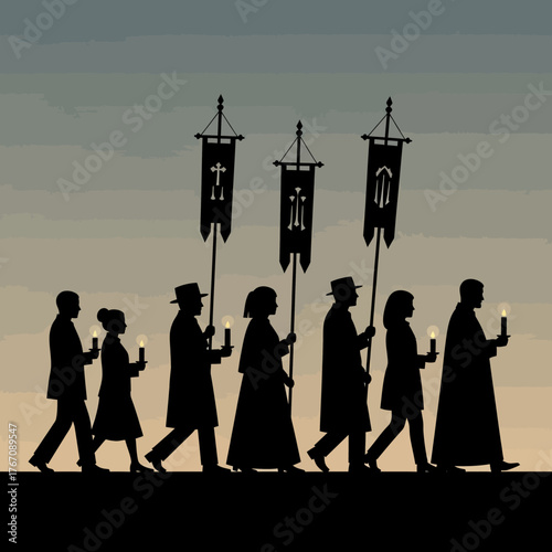 Solemn Procession Silhouettes of People Carrying Candles and Banners in Remembrance for All Saints' Day Celebrations