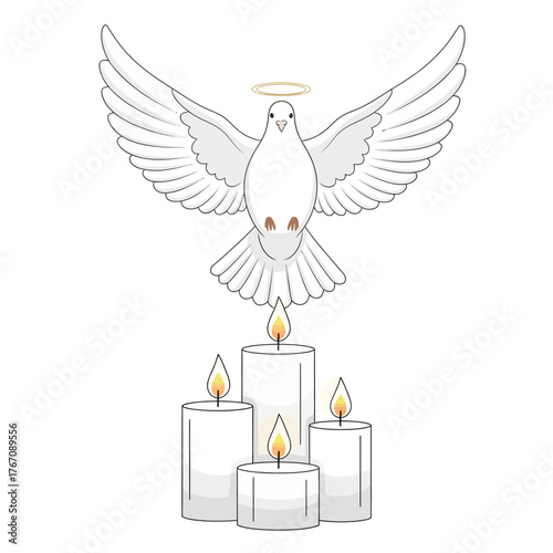 White dove with halo above lit candles, symbolizing Remembrance, sacred Altars, and an altar for All Saints' Day. Evokes peace, spirituality, and light