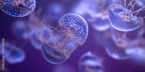 Transparent Jellyfish Floating in Purple Ocean Water – Marine Biology and Nature Concept
