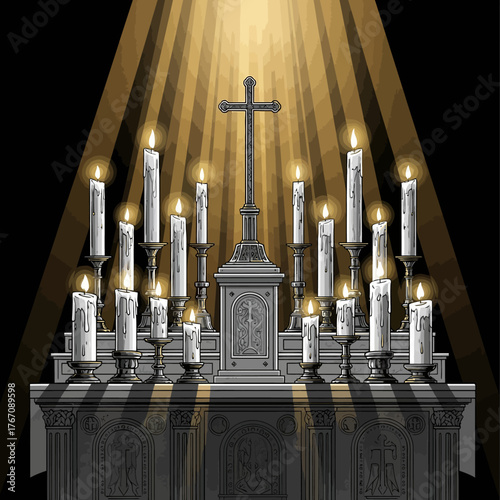 A solemn depiction of an altar with a cross and many lit candles, bathed in light. It evokes remembrance, devotion, and reverence, perfect for All Saints' Day themes and sacred Altars